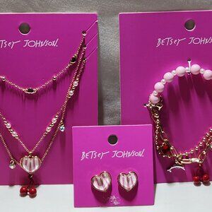 Betsey Johnson set of necklace bracelet earrings heart charms costume NEW